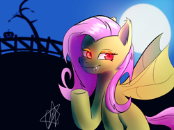 Size: 1600x1200 | Tagged: safe, artist:ermecg, fluttershy, bat pony, pegasus, pony, bats!, g4, bat ponified, bat wings, flutterbat, halloween, holiday, race swap, red eyes, simple background, smug, solo, wings