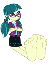 Size: 2500x3600 | Tagged: safe, artist:mixiepie, edit, juniper montage, human, equestria girls, equestria girls specials, g4, my little pony equestria girls: movie magic, barefoot, base used, clothes, crossed arms, feet, female, fetish, foot fetish, foot focus, glasses, high res, pigtails, simple background, skirt, smiling, soles, solo, toes, transparent background, vector