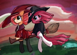 Size: 1920x1377 | Tagged: safe, artist:solid shrimp, fluttershy, pinkie pie, earth pony, pegasus, pony, g4, broom, clothes, dress, duo, flying, flying broomstick, hat, pinkamena diane pie, pinktober, socks, thigh highs, witch, witch hat