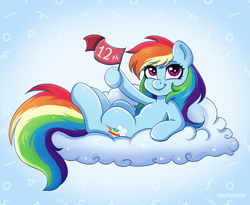 Size: 2291x1878 | Tagged: safe, artist:madelinne, rainbow dash, pegasus, pony, mlp fim's twelfth anniversary, g4, backwards cutie mark, cloud, female, happy, happy birthday mlp:fim, hoof hold, looking at you, lying down, lying on a cloud, mare, on a cloud, on back, solo