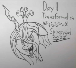 Size: 1549x1378 | Tagged: safe, artist:spoopygirl, queen chrysalis, changeling, changeling queen, g4, female, lineart, ponytober, ponytober 2022, signature, text, traditional art