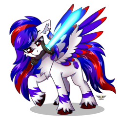 Size: 2500x2500 | Tagged: safe, artist:stesha, oc, oc only, oc:chiseled amethyst, pegasus, pony, chest fluff, colored wings, commission, ear piercing, earring, full body, high res, jewelry, looking at something, male, mouth hold, multicolored wings, pegasus oc, piercing, raised hoof, simple background, solo, spread wings, stallion, sword, tail, two toned mane, two toned tail, weapon, white background, wings, ych result
