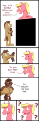 Size: 1280x3998 | Tagged: safe, artist:emc-blingds, oc, oc only, earth pony, pony, comic, confused, dialogue, earth pony oc, female, holding a pony, male, simple background, transparent background