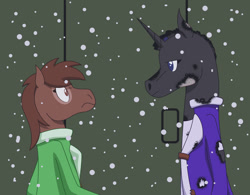 Size: 1280x996 | Tagged: safe, artist:emc-blingds, oc, oc only, earth pony, anthro, burnt, bust, clothes, duo, earth pony oc, female, male, snow, snowfall, story included, wide eyes