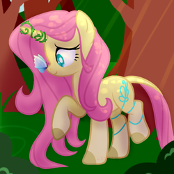 Size: 1000x1000 | Tagged: safe, artist:lilith1light, fluttershy, butterfly, pony, unicorn, g4, eyelashes, fluttershy (g5 concept leak), forest, g5 concept leaks, leonine tail, outdoors, race swap, raised hoof, solo, tail, unicorn fluttershy