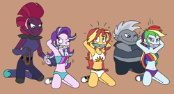 Size: 3252x1750 | Tagged: safe, artist:bugssonicx, grubber, rainbow dash, starlight glimmer, sunset shimmer, tempest shadow, human, equestria girls, my little pony: the movie, arm behind head, bondage, cleave gag, cloth gag, clothes, converse, emanata, equestria girls-ified, gag, kinky, kneeling, one eye closed, shoes, swimsuit, tied up