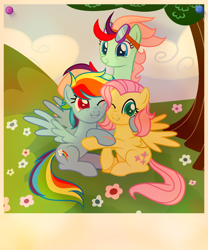 Size: 1558x1876 | Tagged: safe, artist:lilith1light, fluttershy, rainbow dash, oc, pegasus, pony, g4, base used, cheek squish, female, holding hooves, lesbian, magical lesbian spawn, mare, offspring, one eye closed, outdoors, parent:fluttershy, parent:rainbow dash, parents:flutterdash, ship:flutterdash, shipping, squishy cheeks, wings, wink
