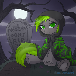 Size: 2048x2048 | Tagged: safe, artist:bluecocoaart, oc, bat pony, pony, cape, clothes, commission, grave, gravestone, graveyard, high res, moon, night, sitting, solo, your character here