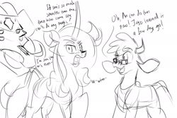 Size: 1800x1200 | Tagged: safe, artist:redahfuhrerking, arizona (tfh), fhtng th§ ¿nsp§kbl, oleander (tfh), classical unicorn, cow, demon, unicorn, comic:arizona learns how to read, them's fightin' herds, cloven hooves, community related, female, glasses, leonine tail, lineart, male, text, trio, unshorn fetlocks