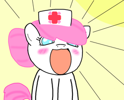 Size: 1118x904 | Tagged: artist needed, source needed, safe, nurse redheart, earth pony, pony, g4, anime, blushing, cute, heartabetes, no pupils, reaction image, simple background, smiling, solo, yellow background