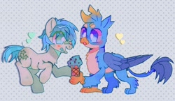 Size: 1640x950 | Tagged: safe, artist:bug-roux, gallus, sandbar, earth pony, griffon, pony, g4, eye clipping through hair, food, gay, heart, ice cream, male, one eye closed, ship:gallbar, shipping, wink