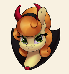 Size: 2854x3045 | Tagged: safe, artist:aquaticvibes, carrot top, golden harvest, earth pony, pony, g4, luna eclipsed, bust, clothes, costume, devil costume, devil horns, fangs, female, high res, horns, mare, nightmare night costume, portrait, simple background, solo