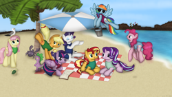 Size: 2386x1343 | Tagged: safe, artist:99999999000, apple bloom, applejack, fluttershy, pinkie pie, rainbow dash, rarity, spike, starlight glimmer, sunset shimmer, twilight sparkle, oc, alicorn, bird, dragon, earth pony, fly, insect, pegasus, pony, unicorn, g4, animal, beach, beach umbrella, book, bucket, clothes, coconut, coconut crab, female, folded wings, food, mane seven, mane six, mare, one-piece swimsuit, palm tree, picnic blanket, requested art, sea turtle, spread wings, sunglasses, swimsuit, tree, twilight sparkle (alicorn), umbrella, wings