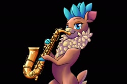 Size: 1800x1200 | Tagged: safe, artist:thescornfulreptilian, velvet (tfh), deer, reindeer, them's fightin' herds, black background, cloven hooves, colored, community related, female, hoof hold, musical instrument, saxophone, shading, simple background, solo