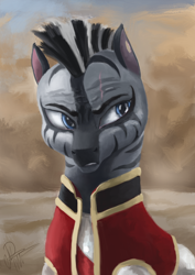 Size: 2700x3818 | Tagged: safe, artist:raminy, oc, oc only, zebra, equestria at war mod, bust, clothes, high res, male, portrait, sand, solo, stallion, uniform, zebra oc