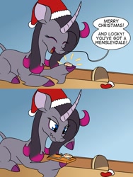Size: 1156x1537 | Tagged: safe, artist:thescornfulreptilian, oleander (tfh), classical unicorn, pony, unicorn, them's fightin' herds, cheese, christmas, cloven hooves, comic, community related, food, hat, holiday, horn, leonine tail, mouse hole, mr bean, santa hat, sock, text, trap (device), unshorn fetlocks, wavy mouth