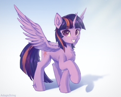 Size: 2500x2000 | Tagged: safe, artist:adagiostring, twilight sparkle, alicorn, pony, g4, chest fluff, commission, commission open, cute, eyebrows, eyebrows visible through hair, female, full body, grin, high res, horn, looking at you, mare, raised hoof, smiling, smiling at you, solo, spread wings, standing, twiabetes, twilight sparkle (alicorn), wings, your character here