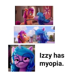 Size: 720x720 | Tagged: safe, edit, edited screencap, screencap, izzy moonbow, sunny starscout, earth pony, pony, unicorn, g5, my little pony: a new generation, female, glasses, mare, myopia, theory