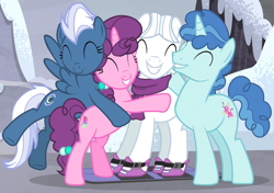 Size: 1187x834 | Tagged: safe, screencap, double diamond, night glider, party favor, sugar belle, earth pony, pegasus, pony, unicorn, g4, the cutie map, ^^, bipedal, clothes, cropped, cute, daaaaaaaaaaaw, double dawwmond, equal four, eyes closed, favorbetes, female, fixed, glideabetes, group hug, happy, hug, male, mare, scarf, skis, smiling, stallion, sugarbetes