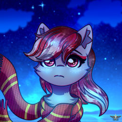 Size: 2500x2500 | Tagged: safe, artist:stesha, sugar moonlight, earth pony, pony, g5, my little pony: a new generation, background pony, bust, chest fluff, clothes, cloud, cute, ethereal mane, eye clipping through hair, eyebrows, eyebrows visible through hair, eyeshadow, female, glitter, gryffindor, harry potter (series), high res, looking up, makeup, mare, night, night sky, sad, sad face, scarf, sky, sky background, solo, starry mane, stars, striped scarf