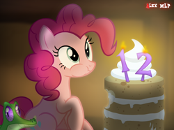 Size: 970x720 | Tagged: safe, artist:alex mlp, edit, edited screencap, screencap, gummy, pinkie pie, alligator, earth pony, pony, mlp fim's twelfth anniversary, g4, cake, candle, food, happy birthday mlp:fim