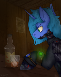 Size: 2300x2900 | Tagged: safe, artist:molars, oc, oc:blast thunderbolt, fallout equestria, alcohol, amputee, artificial alicorn, artificial wings, augmented, bar, blue fur, commission, drinking, frown, high res, male, metal, pipbuck, prosthetic limb, prosthetic wing, prosthetics, stallion, wanted poster, watch, whiskey, wings