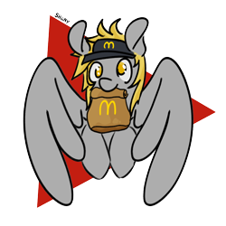Size: 2000x2000 | Tagged: safe, artist:shiiiny, derpy hooves, pegasus, pony, g4, clothes, fast food, food, hat, high res, mcdonald's, mouth hold, ponytober, signature, simple background, solo, transparent background, uniform, uniform hat, wings