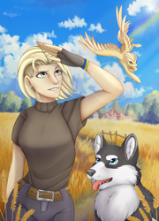 Size: 920x1280 | Tagged: safe, artist:invidiasaunder, oc, dog, human, husky, pegasus, pony, farm, female, food, siberian husky, sky, ukraine, wheat