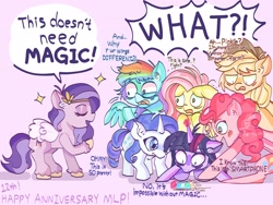 Size: 2048x1536 | Tagged: safe, artist:reyam, applejack, fluttershy, pinkie pie, pipp petals, rainbow dash, rarity, twilight sparkle, alicorn, earth pony, pegasus, pony, unicorn, mlp fim's twelfth anniversary, g4, g5, adorapipp, bewildered, cellphone, confused, cute, eyes closed, female, happy birthday mlp:fim, headband, jewelry, mane six, mare, open mouth, open smile, phone, regalia, shocked, simple background, smartphone, smiling, sparkles, white background