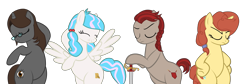 Size: 7007x2364 | Tagged: safe, alternate version, artist:mrvector, oc, oc:fair devotion, oc:lawkeeper equity, oc:sonata, oc:sugar stamp, earth pony, pegasus, pony, unicorn, elements of justice, turnabout storm, absurd resolution, bipedal, eyes closed, female, frown, mare, simple background, smiling, solo, spread wings, sword, transparent background, vector, weapon, wings