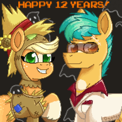 Size: 2488x2488 | Tagged: safe, artist:dyonys, applejack, hitch trailblazer, earth pony, pony, mlp fim's twelfth anniversary, g4, g5, my little pony: tell your tale, anniversary, clothes, coat markings, costume, female, freckles, happy birthday mlp:fim, high res, hitch and his heroine, male, mare, nightmare night, pixel art, raised hoof, scarecrow, scarface, smiling, stallion, suit, sunglasses, text