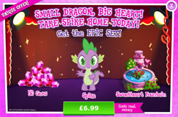 Size: 1960x1293 | Tagged: safe, gameloft, spike, dragon, g4, my little pony: magic princess, advertisement, bush, costs real money, curtains, english, flower, fountain, gem, male, numbers, sale, solo, statue, text