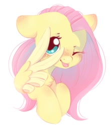 Size: 939x1062 | Tagged: safe, artist:melodylibris, fluttershy, pegasus, pony, g4, ;p, blushing, bust, chest fluff, cute, ear blush, feather fingers, female, floppy ears, freckles, freckleshy, looking at you, mare, mlem, one eye closed, peace sign, raspberry, shyabetes, silly, simple background, smiling, smiling at you, solo, tongue out, white background, wing hands, wings, wink, winking at you