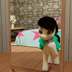 Size: 1080x1080 | Tagged: safe, artist:littleiceage, oc, earth pony, pony, g5, 3d, bed, bedroom, blender, cloak, clothes, g5 oc, mirror, show accurate, solo
