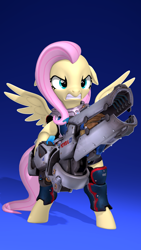 Size: 2160x3840 | Tagged: safe, artist:owlpirate, fluttershy, pegasus, pony, g4, 3d, 4k, angry, bipedal, ears back, female, gradient background, gritted teeth, gun, high res, mare, overwatch, scowl, solo, source filmmaker, spread wings, teeth, weapon, wings, zarya