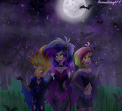 Size: 2641x2410 | Tagged: safe, artist:lumi-infinite64, artist:prismagalaxy514, oc, bat, human, undead, vampire, equestria girls, g4, cape, chains, choker, clothes, crossover, evil grin, fog, forest, grin, high res, johnny test, night, smiling, smirk, solo, tecna, winx, winx club, winxified