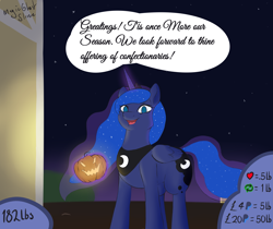 Size: 7405x6213 | Tagged: safe, artist:magicghostslime, princess luna, alicorn, pony, series:luna's halloween treat feast, absurd resolution, dialogue, female, halloween, holiday, incentive drive, jack-o-lantern, looking at you, night, nightmare night, note expansion, pumpkin, solo, speech bubble, stars, talking to viewer, this will end in weight gain