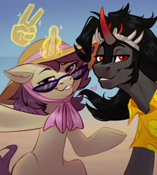 Size: 2624x2920 | Tagged: safe, artist:taneysha, king sombra, oc, oc:lavrushka, pony, unicorn, guardians of pondonia, g4, beach, glasses, hand, hat, high res, looking at you, magic, peace sign, selfie