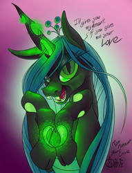Size: 1524x2000 | Tagged: safe, alternate version, artist:sepiakeys, queen chrysalis, changeling, changeling queen, g4, bust, female, glowing, glowing horn, horn, lidded eyes, looking at you, portrait, smiling, solo