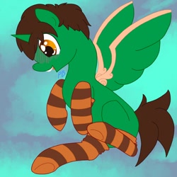 Size: 894x894 | Tagged: safe, artist:princessbourbon, oc, oc only, oc:frost d. tart, alicorn, pony, alicorn oc, blushing, clothes, horn, male, missing cutie mark, socks, solo, stallion, striped socks, wings