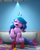 Size: 698x879 | Tagged: safe, screencap, izzy moonbow, pony, unicorn, g5, hoof done it?, my little pony: make your mark, my little pony: make your mark chapter 2, bathroom, bathtub, bracelet, chair, cropped, crystal brighthouse, drone, faic, female, friendship bracelet, indoors, jewelry, mare, open mouth, sitting, soap, solo, stool, unshorn fetlocks