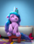 Size: 623x807 | Tagged: safe, screencap, izzy moonbow, pony, unicorn, g5, hoof done it?, my little pony: make your mark, my little pony: make your mark chapter 2, bathroom, bathtub, bracelet, chair, cropped, crystal brighthouse, faic, female, floppy ears, friendship bracelet, indoors, jewelry, mare, open mouth, sitting, soap, solo, stool, unshorn fetlocks