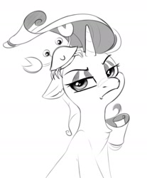 Size: 1776x2140 | Tagged: safe, artist:taneysha, rarity, crab, pony, unicorn, g4, ppov, chest fluff, female, floppy ears, frown, lidded eyes, mare, monochrome, rarity is not amused, simple background, solo, unamused, white background
