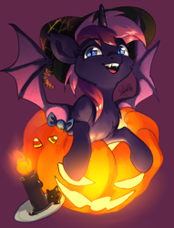 Size: 2680x3507 | Tagged: safe, artist:charlot, oc, oc only, bat pony, pony, unicorn, bat pony oc, bat wings, candle, clothes, costume, fangs, halloween, halloween costume, hat, high res, holiday, horn, jack-o-lantern, pumpkin, solo, unicorn oc, wings, witch hat