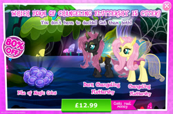 Size: 1960x1296 | Tagged: safe, gameloft, fluttershy, changedling, changeling, g4, my little pony: magic princess, advertisement, changedlingified, changelingified, costs real money, english, female, flutterling, horn, insect wings, magic coins, mushroom, numbers, sale, species swap, text, wings