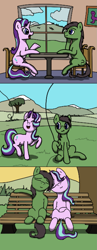 Size: 831x2148 | Tagged: safe, artist:realdash, starlight glimmer, oc, oc:anon, oc:anon stallion, earth pony, pony, unicorn, g4, aggie.io, bench, chair, comfy, cute, date, duo, earth pony oc, eyes closed, female, glimmerbetes, happy, kite, kite flying, leaning, male, mare, mountain, nature, pixel art, raised hoof, sitting, smiling, stallion, table, talking, tree