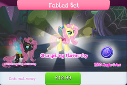 Size: 1267x853 | Tagged: safe, gameloft, fluttershy, changedling, changeling, g4, my little pony: magic princess, bundle, changelingified, costs real money, english, fabled set, female, flutterling, horn, insect wings, magic coins, mushroom, numbers, sale, species swap, text, wings