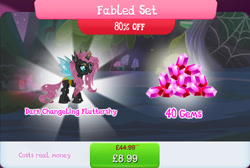 Size: 1271x853 | Tagged: safe, gameloft, fluttershy, changeling, g4, my little pony: magic princess, bundle, changelingified, costs real money, crack is cheaper, english, fabled set, female, flutterling, gem, horn, insect wings, magic coins, mushroom, numbers, sale, species swap, text, wings