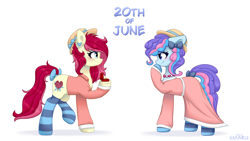 Size: 3840x2160 | Tagged: safe, artist:ev04ka, artist:ev04kaa, oc, oc only, oc:sugar swirl, oc:velvet passion, earth pony, pony, rcf community, clothes, dress, female, hat, high res, jewelry, marriage proposal, ring, simple background, stockings, text, thigh highs, white background