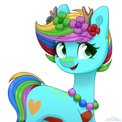 Size: 2170x2160 | Tagged: safe, artist:ev04ka, artist:ev04kaa, oc, oc only, oc:silvia, earth pony, pony, rcf community, antlers, female, floral head wreath, flower, high res, jewelry, necklace, simple background, text, white background